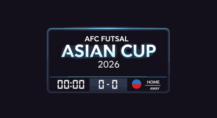 A sleek digital scoreboard displays the AFC Futsal Asian Cup 2026 event details, showing match time and current score in a modern, dark interface.