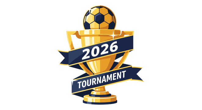 A golden trophy with a soccer ball on top and banners for the 2026 tournament, symbolizing victory and competition.