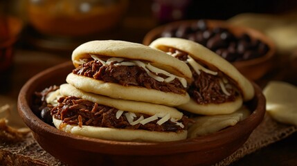 Filled arepas stacked in a bowl. Meat, cheese, and beans in the background