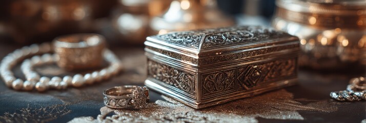 Intricate silver jewelry box surrounded by elegant rings and necklaces on a decorative table