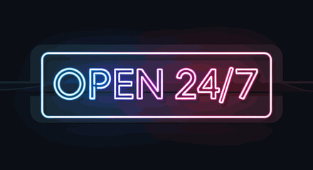 A vibrant neon sign glows with 'OPEN 24/7' text, symbolizing continuous business availability and round-the-clock service.