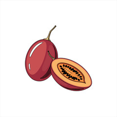 Illustration of a whole tamarillo fruit and a halved tamarillo fruit