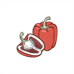 Red bell pepper whole and halved with seeds