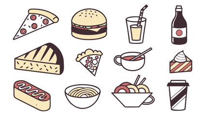 Food and drinks icon set with pizza, burger, sushi, taco, noodles, coffee, tea, cocktail, ice cream, bread, and juice flat vectors Food and drinks icon set with pizza, burger, sushi, taco, noodles, 