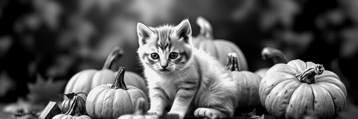 Cute kitten explores pumpkins in autumn setting