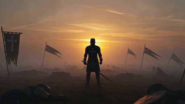 Knight standing victorious at sunset in battle scene