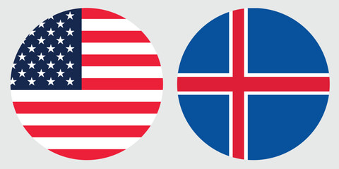 Obraz premium United States and Iceland Circular Flags on Grey Background