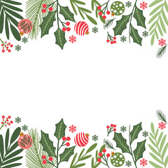 Christmas design with pine leaves, ornaments, and red berries on top and bottom borders