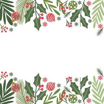 Christmas design with pine leaves, ornaments, and red berries on top and bottom borders