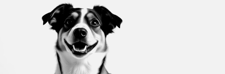 Happy dog with bright eyes smiling against a plain background