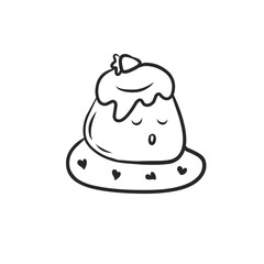 Kawaii pudding dessert outline vector illustration black white line art