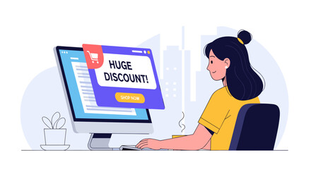A young woman actively engages with her desktop computer, encountering a prominent 'Huge Discount' pop-up advertisement for online shopping.