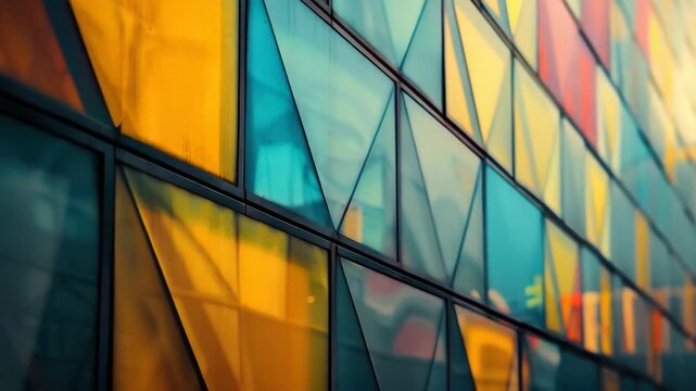 A building with many windows and a colorful facade. The windows are rectangular and the building is multi-colored
