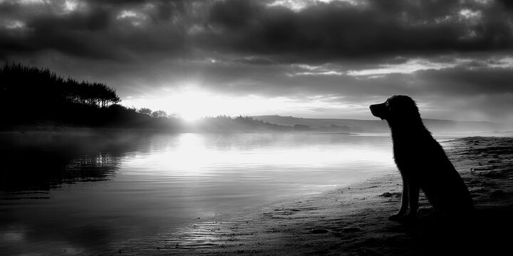 Dog overlooking calm river at sunset in black and white - Powered by Adobe
