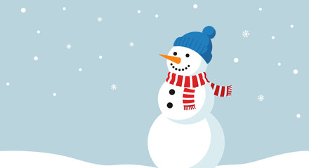 Fototapeta premium A charming cartoon snowman, adorned with a cozy blue hat and a striped scarf, stands cheerfully in a peaceful winter scene with falling snowflakes.