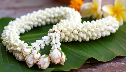 Floral garland on banana leaf