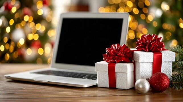 Christmas online shopping with laptop and gifts under tree
