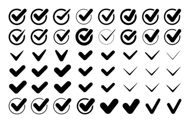 Collection of Black Check Mark Icons and Symbols on White Background