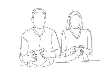 Couple playing competitive games on PS console. Couple co op game concept one-line drawing