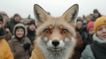 Curious Fox Surrounded by Group of People in Winter Scene