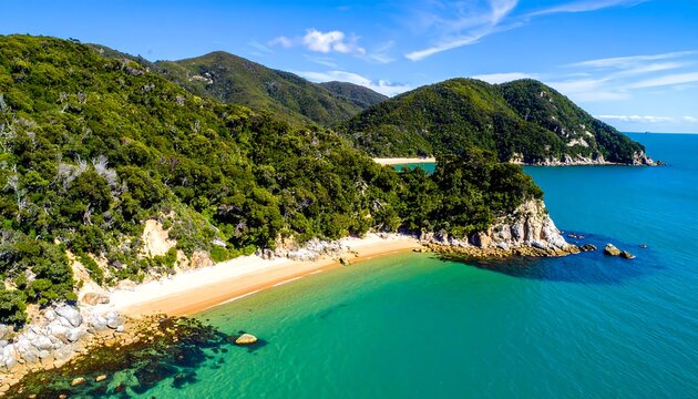 Panoramic coastal view of a secluded beach nestled within lush green hills