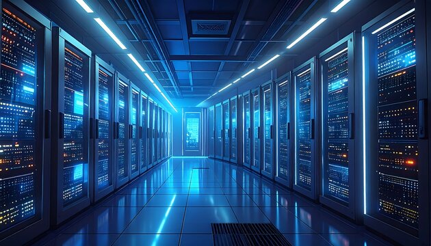 Futuristic server room, bright neon glow