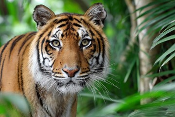 Fototapeta premium Sumatran tiger staring through lush green jungle foliage