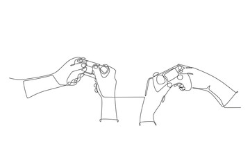 A pair of hands playing competitive games on the PS console. Couple co op game concept one-line drawing