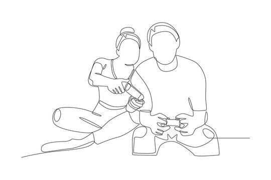 Couple playing competitive games on PS console. Couple co op game concept one-line drawing - Powered by Adobe