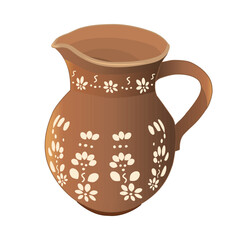 Ceramic pitcher isolated on white background. Old pottery jugfull. Round rustic clay jug. Earthen pot or carafe. Brown terracotta crockery. Capacity for drink. Earthenware vessel or decanter. Stock ve