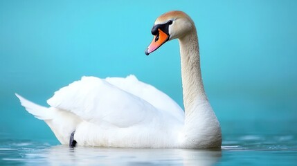 Elegant White Swan Swimming in Calm Blue Water Scene
