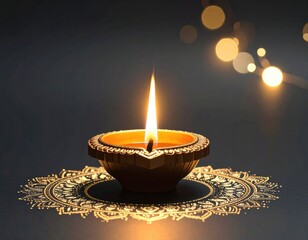 Traditional golden oil lamp glows brightly, illuminating a beautiful mandala pattern on a dark background with festive bokeh lights.