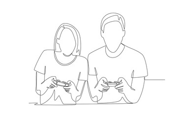 Couple playing competitive games on PS console. Couple co op game concept one-line drawing
