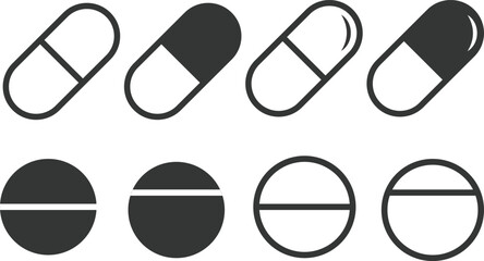 Medicine pills icon set. Capsule icons collection. Healthcare treatment medicine pills symbol. Drug sign 
