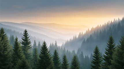 Misty pine forest at sunrise with soft light and mountain silhouettes, symbolizing wilderness, adventure, ecology, natural beauty and environmental awareness with copy space for design.