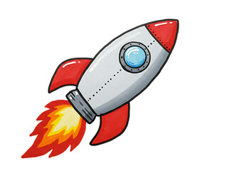 Cartoon rocket ship blasting off with fiery exhaust isolated on transparent background
