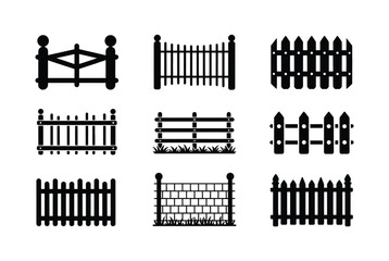 Collection of various black fence silhouettes, showcasing different designs and styles for outdoor boundaries.