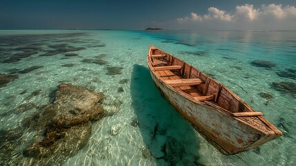 Obraz premium Tranquil Scene of an Abandoned Wooden Boat on Clear Tropical Waters