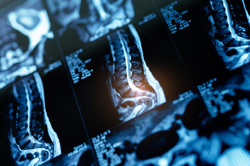 Pinched sciatic nerve in leg buttock, Detailed mri scan of spine highlighting lumbar protrusion...