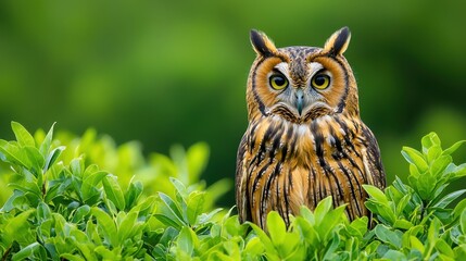 Captivating Owl Perched on Lush Green Foliage in Daylight