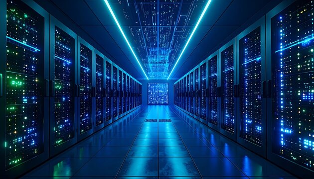 Futuristic server room, illuminated by neon blue lights