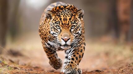 Powerful Jaguar Striding Through Forest Landscape with Focus