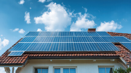 Fototapeta premium Solar Panels on Roof: Capturing a striking image of a house roof, the radiant solar panels gleam under a vibrant blue sky, their surfaces reflecting the promise of clean energy and sustainability.