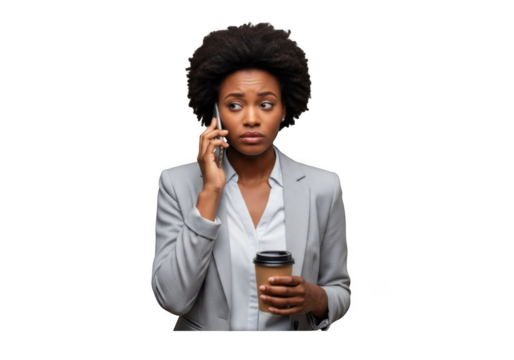 Worried african american businesswoman talking on smartphone holding coffee cup looking away stock photo isolated on transparent background