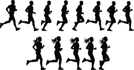 Silhouettes of Running People, Male and Female Joggers, Fitness Workout, Exercise Routine, Sport Activity, Healthy Lifestyle, Motion Graphic Art