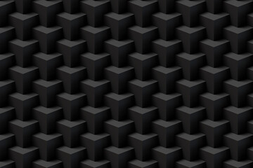 Black cubes stacking on one another forming a stepping geometric pattern. Illustration as a dark background for web design and slide show presentations