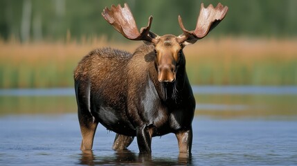 Majestic Moose Wading Through Calm Freshwater Landscape