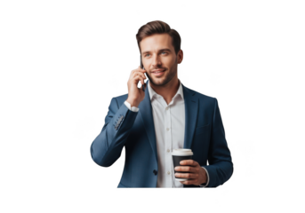 Professional businessman in suit talking on phone holding coffee cup portrait business communication isolated on transparent background