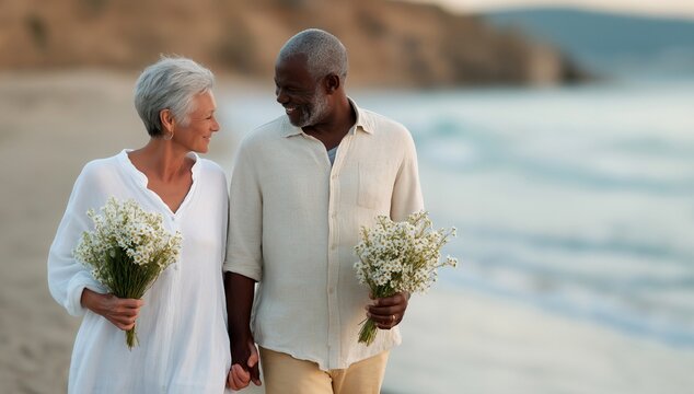 Surprise Bouquet Elderly Couple Joyfully Strolling on Beach with Flowers