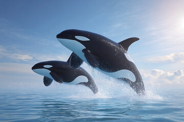 Obraz premium Pair of Orcas leaping out of the ocean under a vibrant blue sky on sunny day